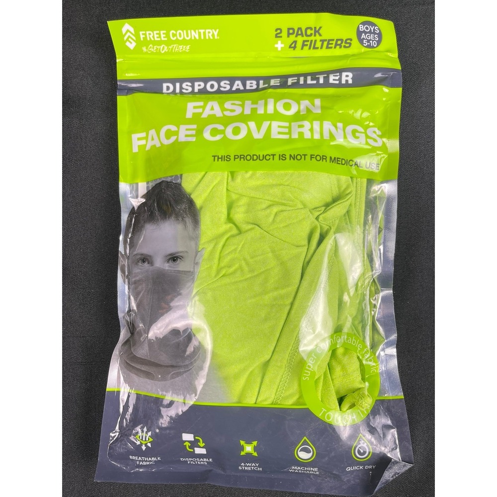 Free Country Boys 2 Pack Fashionโ Face Coverings + 4 Filters Neon Grey 5-10